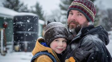 un padre y hijo haz arriba en su invierno engranaje a valiente el frío y cheque su casas petróleo tanque nivel aliviado a ver eso tiene estado recientemente coronado apagado foto