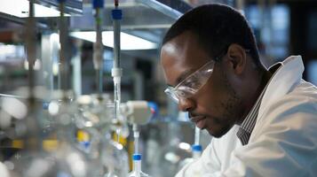 An engineer in a lab coat works on developing new more efficient technologies for hydropower generation photo