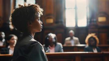 A lawyer confidently presenting evidence and arguments in court thanks to the insights and guidance provided by an AIpowered legal analysis tool photo