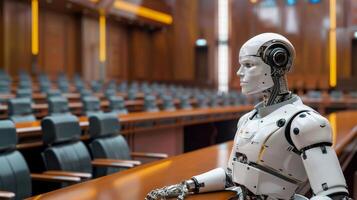A futuristic courtroom where AIpowered robots act as legal analysts providing unbiased and datadriven assessments of complex legal cases photo