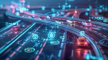 A digital highway with multiple lanes representing different types of health data all merging together onto a central road symbolizing the integration of information in a healthcar photo