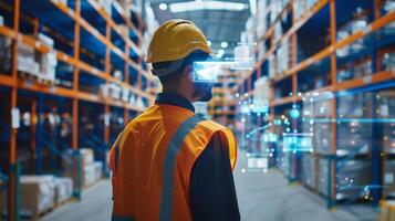 A live footage from a warehouse showing workers using augmented reality tools to access realtime data on inventory levels and locate specific products quickly and efficiently photo