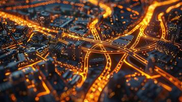 A 3D model of a city with moving arrows showing the realtime flow of traffic on major roads photo