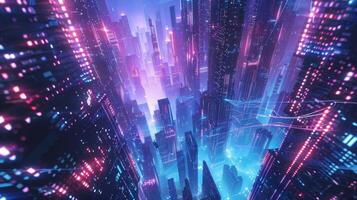 A futuristic cityscape with towering skyscrs composed of endless streams of binary code photo