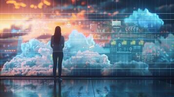 A person standing in front of a virtual wall made of clouds with different data visualizations and insights displayed showcasing the powerful analytics capabilities of cloud data photo