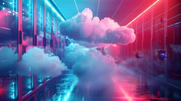A futuristic server room with clouds floating inside illustrating how traditional data centers are being rep by cloud computing for data storage and management photo