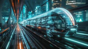 A futuristic transportation system run entirely by zettabytes of information with streams of data flowing through the trains photo