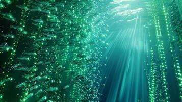A dreamlike underwater scene with schools of fish made of code swimming through vast fields of zettabytes photo