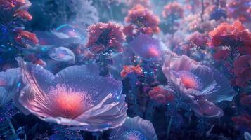 A surreal garden where flowers bloom with digital petals each containing a different zettabyte of data photo