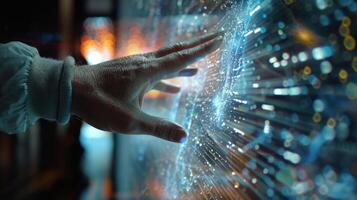 In a virtual space a researcher uses hand movements to sift through layers of data revealing hidden patterns and correlations photo