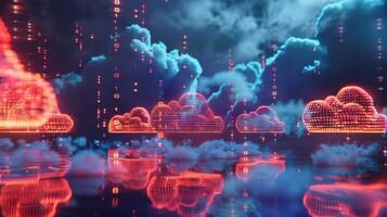 Fluffy clouds of binary code gently floating through the network providing a constant stream of data to devices photo