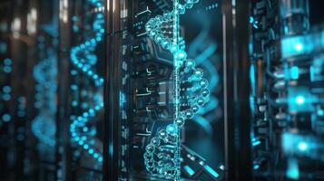 A sleek and modern vault guarded by strands of DNA and containing valuable digital data embodying the security and durability of DNA data storage photo
