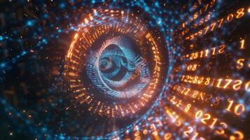 A swirling vortex of letters and numbers with a DNA helix at its core representing the disruptive and revolutionary nature of DNA data storage photo