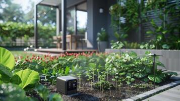 A smart garden system monitors moisture levels in the soil and triggers automatic watering based on preset preferences saving water and promoting healthy plant growth photo