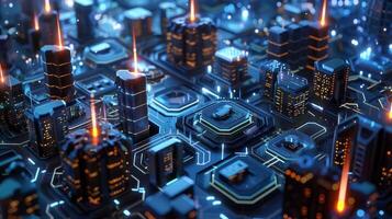 A futuristic cityscape with each building representing a node and the hexagonshaped streets serving as pathways for hexabyte data to travel through photo