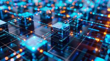 A series of digital blocks connected to form a data chain symbolizing the verifiable and traceable nature of blockchain ledgers photo