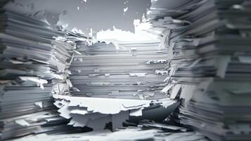 A stack of papers with a hole punched through with confidential data peeking through and leaking out photo