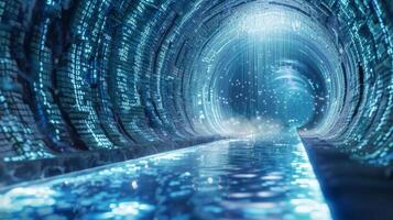 A digital dam breaking open with streams of sensitive information flowing out and pooling on the ground below photo