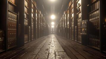 The dimly lit archive room contained row after row of file cabinets each drawer holding valuable historical data carefully preserved on aging microfilm photo