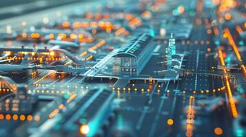 A bustling international airport with a network of telecommunication towers lining the runways ensuring a seamless flow of data for travelers and their devices photo