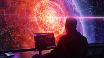 A scientist studies a computer display analyzing data from a telescopes observation of a newly discovered exoplanet photo