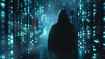 In the foreground an ominous figure lurks representing the everpresent threat of hackers and cybercriminals lurking in the dark corners of the internet photo