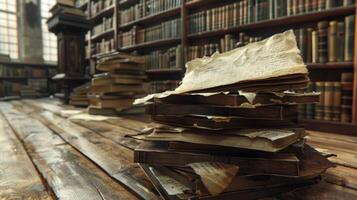 In a corner of the library a stack of yellowed papers lay untouched for years containing handwritten notes and sketches from a notable historical figure photo