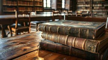 Each wooden table in the reading room was stacked high with volumes of historical data their leather covers worn from years of use photo