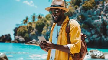 A traveler using a datadriven personal finance app to track their expenses and stay within their budget while on vacation photo