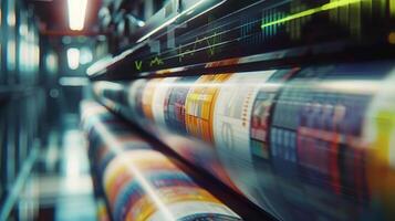The printing press churning out freshly published newspapers their front pages adorned with bold headlines and colorful data visualizations photo
