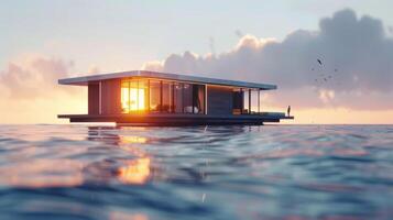 A floating home that can withstand extreme weather conditions designed based on data about the water level and tidal patterns of the location photo