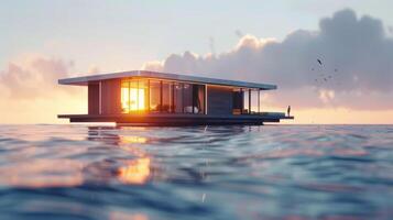 A floating home that can withstand extreme weather conditions designed based on data about the water level and tidal patterns of the location photo