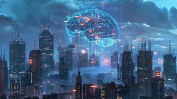 A futuristic city skyline with a giant glowing brain monument in the center symbolizing the impact of cognitive computing in urban data analysis photo