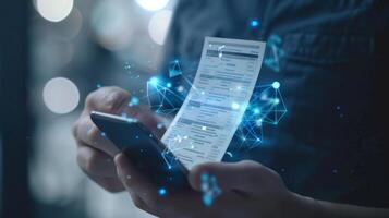 A person holding a receipt while using their phone to input the transaction into their datadriven personal finance app photo