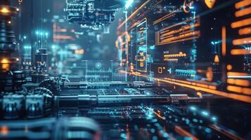 A futuristic factory with holographic displays and robotic arms whirring about generating and shaping data in realtime photo