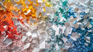 A mural of paper outs each one representing a different statistic on social justice issues creating a powerful visual commentary on systemic inequalities photo