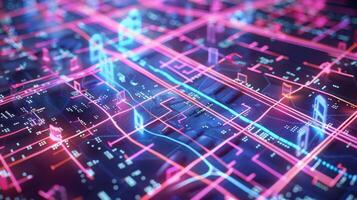 A virtual city map that displays realtime traffic data allowing users to visualize and navigate through the bustling streets and understand traffic patterns in a virtual reality photo