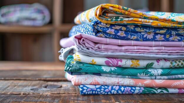 A stack of cloth napkins in different patterns showcasing the variety and creativity of using reusable napkins photo