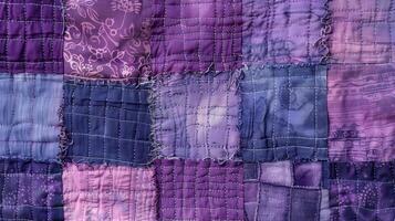 Shades of purple and lavender come together in this recycled fabric quilt with each square featuring a different texture or pattern photo