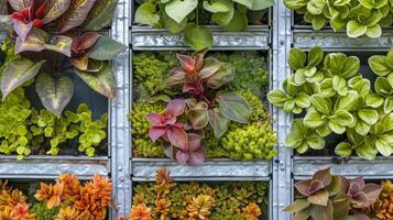 A vertical garden wall made from repurposed gutters and old window frames photo