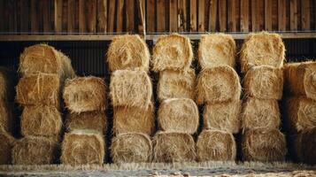 Bales of freshly harvested hay are neatly stacked in the barn ready to be used as feed for the cows during the winter photo