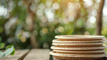 A stack of biodegradable paper plates and compostable lery eliminating the need for plastic photo