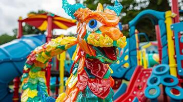 A plastic dragon statue stands at the entrance of a playground built entirely from recycled materials welcoming kids to come and play photo