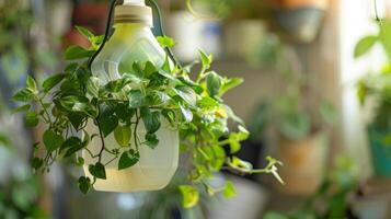 A plastic laundry detergent bottle creatively repurposed into a functional hanging planter adding a touch of greenery to your wall photo
