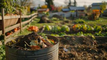 A community farm with a compost bin constantly being replenished with manure and leftover crops photo