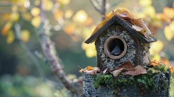 A simple birdhouse made from a small log and dried leaves for insulation photo
