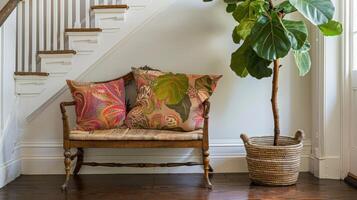 An entryway with a vintage bench adorned with a colorful botanical patterned pillow and a large leafy fig tree in a rattan basket photo