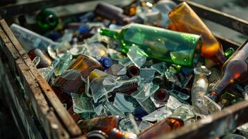 un compartimiento para roto vaso lleno con un mezcla de de colores fragmentos y botellas foto
