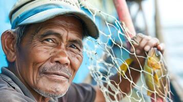 A fisherman proudly displaying a catch caught using an ecofriendly fishing net minimizing bycatch and promoting sustainability photo