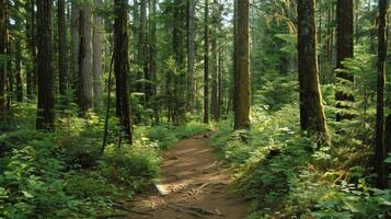 A wellmaintained trail takes you through a dense shady grove of tall fir trees photo